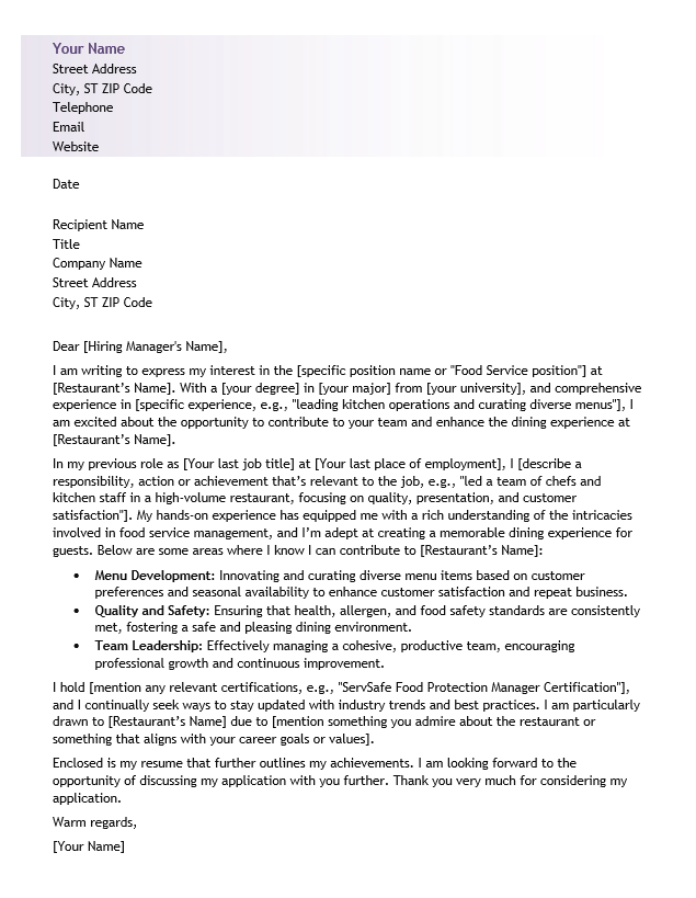 <strong>Cover Letter</strong><br> Food Service TemplateFeatured Image