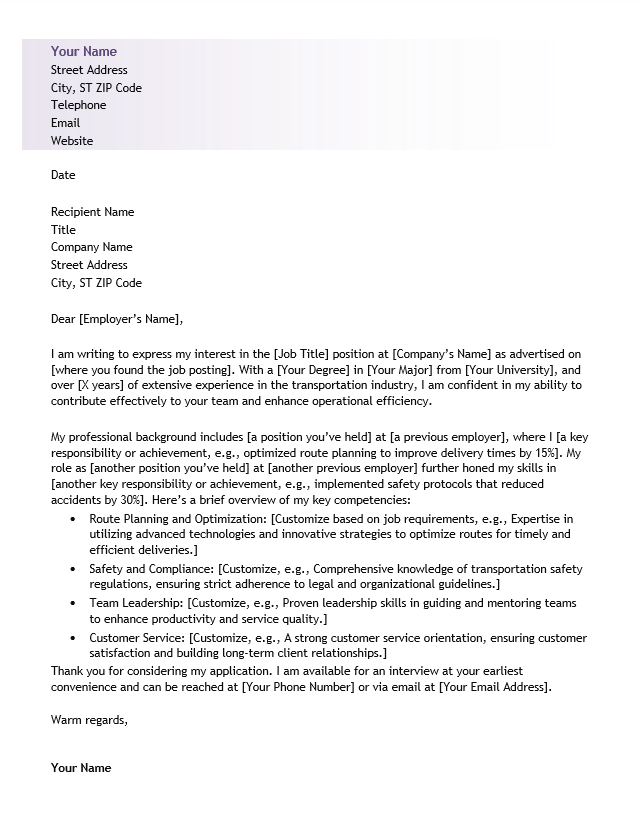 <strong>Cover Letter</strong><br> Transportation TemplateFeatured Image