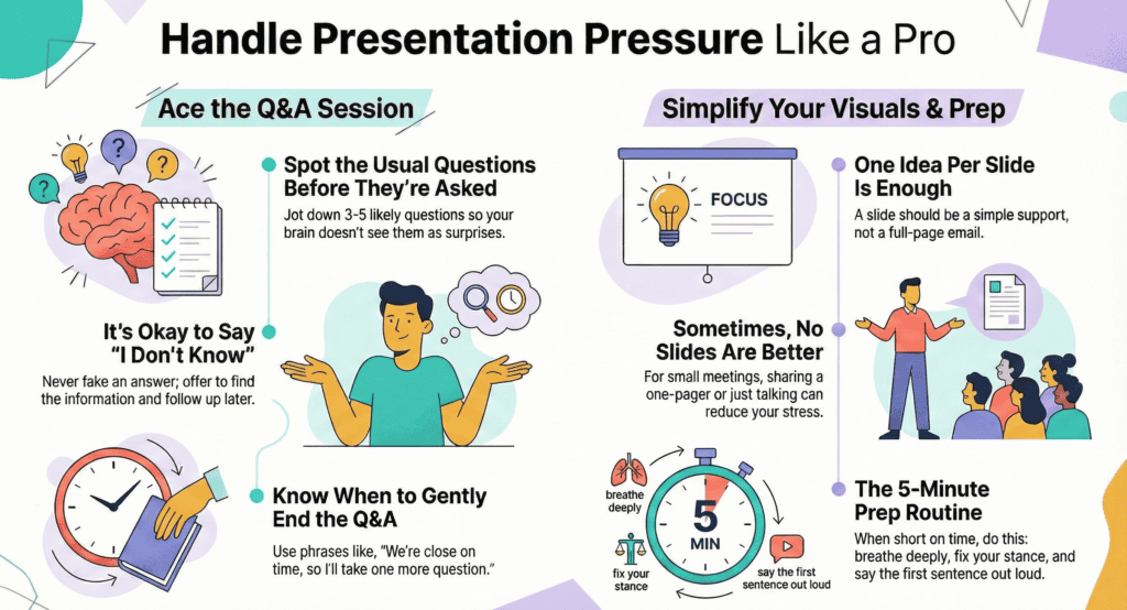 Infographic titled ‘Handle Presentation Pressure Like a Pro,’ showing diverse illustrated people demonstrating key strategies: writing down expected questions, saying ‘I don’t know,’ ending Q&A politely, keeping slides simple, presenting without slides, and using a five-minute routine with breathing, stance correction, and saying the first line aloud.