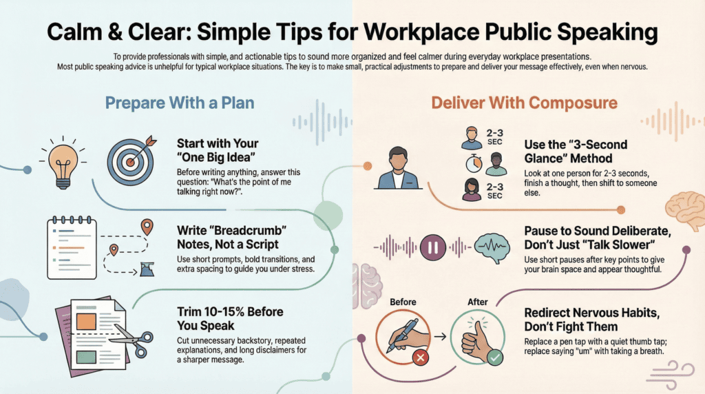 “Infographic titled ‘Calm & Clear: Simple Tips for Workplace Public Speaking,’ showing two sections: ‘Prepare With a Plan’ and ‘Deliver With Composure.’ The left side uses illustrations of light bulbs, notes, and documents to highlight planning tips like identifying your main point, using breadcrumb notes, and trimming content. The right side uses diverse illustrated characters and icons to explain delivery strategies such as the 3-second glance method, pausing to sound deliberate, and redirecting nervous habits. The design features inclusive imagery and simple visuals to guide everyday workplace presenters.