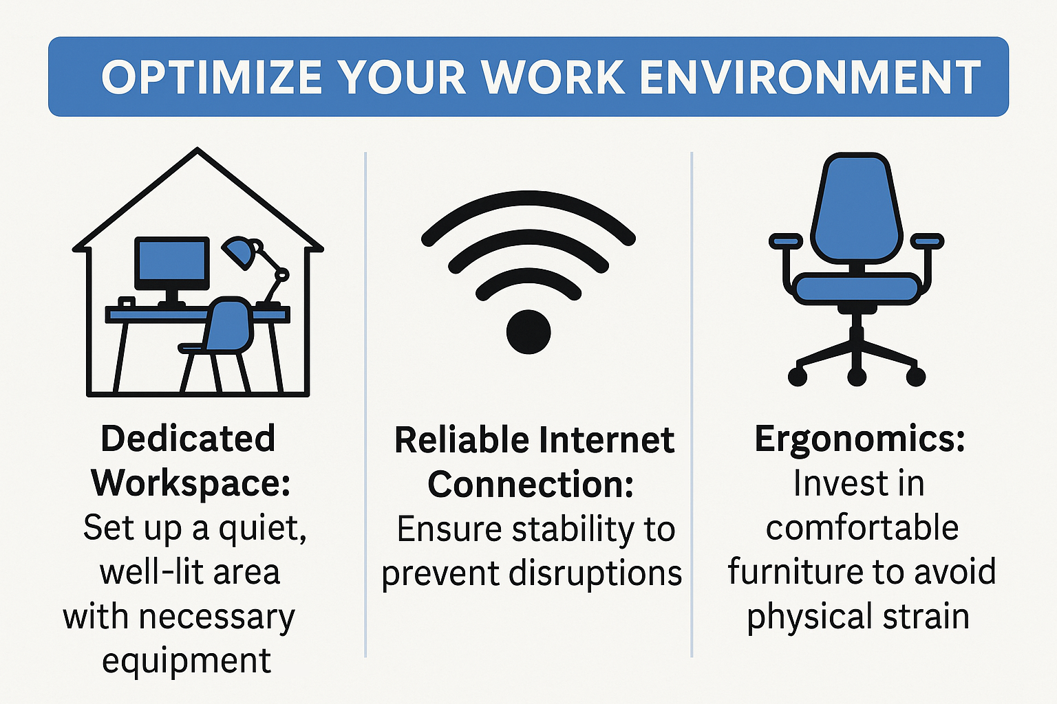 Infographic on how to Optimize your remote work environment. Dedicated Workspace. Reliable Internet Connection. Ergonomics.