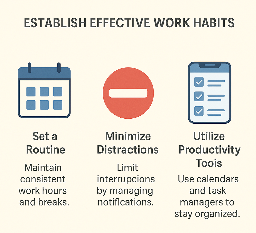 Infographic explaining how to establish effective work habits. Set a Routine. Minimize Distractions. Utilize Productivity Tools.