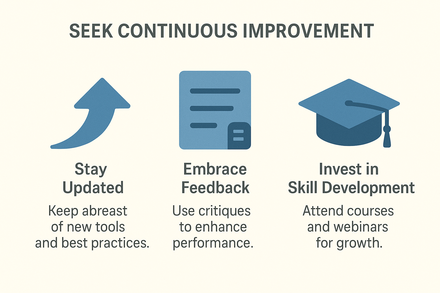 Infographic on Seeking Continuous Improvement. Stay Updated. Embrace Feedback. Invest in Skill Development.