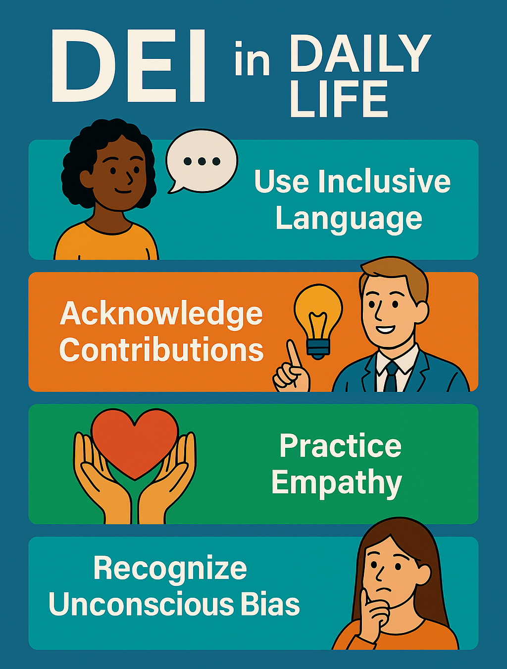 DEI in Daily Life: Use inclusive language. Acknowledge Contributions. Practice Empathy. Recognize Unconscious Bias.