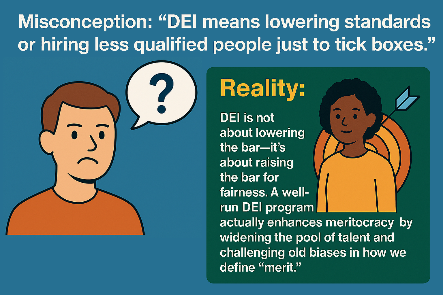 Misconception: “DEI means lowering standards or hiring less qualified people just to tick boxes.” Reality: DEI is not about lowering the bar – it’s about raising the bar for fairness. A well-run DEI program actually enhances meritocracy by widening the pool of talent and challenging old biases in how we define “merit.”