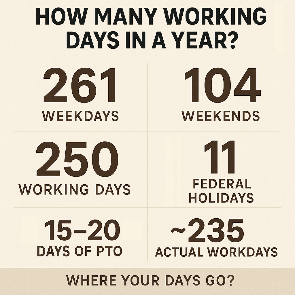 How Many Working Days Are in a Year infographic. The total is around 235 actual days a year.