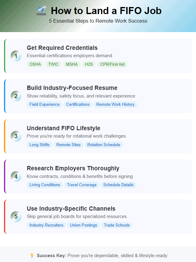 Complete guide infographic for landing FIFO (Fly-In Fly-Out) jobs featuring 5 numbered steps with forest green to light blue gradient header. Step 1: Get Required Credentials including OSHA, TWIC, MSHA, H2S, and CPR certifications. Step 2: Build Industry-Focused Resume highlighting field experience, certifications, and remote work history. Step 3: Understand FIFO Lifestyle including long shifts, remote sites, and rotation schedules. Step 4: Research Employers Thoroughly covering living conditions, travel coverage, and schedule details. Step 5: Use Industry-Specific Channels like industry recruiters, union postings, and trade schools. Visual design includes color-coded sections, credential badges, and key point tags for easy scanning.