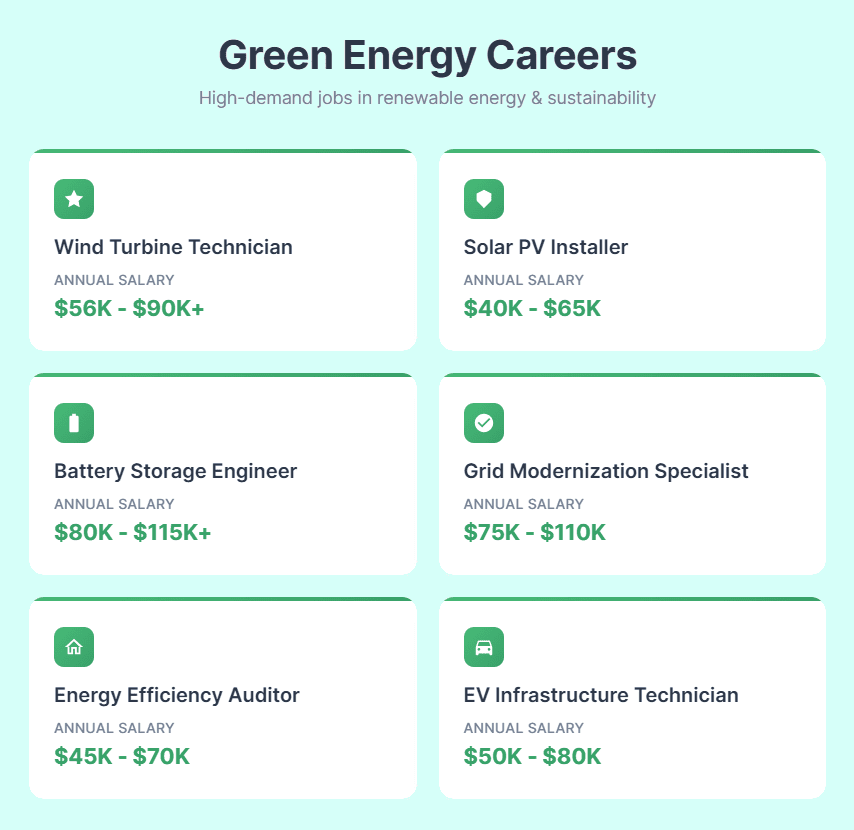 Green Energy Careers infographic displaying six high-demand renewable energy jobs in a clean grid layout. The header reads 'Green Energy Careers: High-demand jobs in renewable energy & sustainability.' Six job cards are arranged in a 2x3 grid, each featuring a green icon, job title, and salary range:

Wind Turbine Technician - $56K-$90K+ annually (star icon)
Solar PV Installer - $40K-$65K annually (solar panel icon)
Battery Storage Engineer - $80K-$115K+ annually (battery icon)
Grid Modernization Specialist - $75K-$110K annually (checkmark icon)
Energy Efficiency Auditor - $45K-$70K annually (house icon)
EV Infrastructure Technician - $50K-$80K annually (electric car icon)

Each job card has a white background with a green top border.