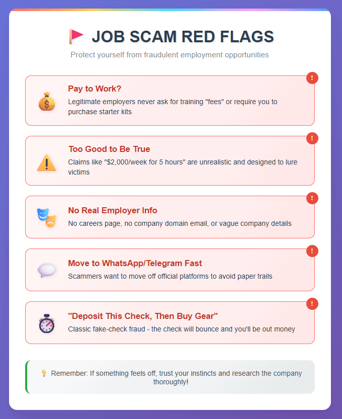 Infographic titled “Job Scam Red Flags.” Five warning cards: 1) Pay to Work? Legit employers never ask for training fees or starter kits. 2) Too Good to Be True: promises like “$2,000/week for 5 hours.” 3) No Real Employer Info: no careers page, company-domain email, or clear details. 4) Move to WhatsApp/Telegram fast: to avoid a paper trail. 5) “Deposit this check, then buy gear”: classic fake-check fraud. Footer: If something feels off, trust your instincts and research the company.