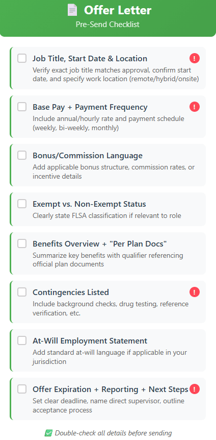 Green card titled ‘Offer Letter: Pre-Send Checklist’ with checkboxes for: Job Title/Start Date/Location (red alert icon), Base Pay + Payment Frequency (red alert), Bonus/Commission Language, Exempt vs. Non-Exempt Status, Benefits Overview + ‘Per Plan Docs’, Contingencies Listed (red alert), At-Will Employment Statement, Offer Expiration + Reporting + Next Steps (red alert). Footer note: ‘Double-check all details before sending.’