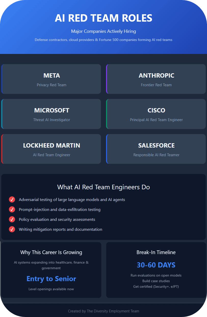 Infographic showing major companies hiring AI red-team engineers, including Meta, Microsoft, Cisco, Lockheed Martin, Salesforce, and Anthropic, with listed duties such as adversarial testing, prompt-injection defense, and security assessment.