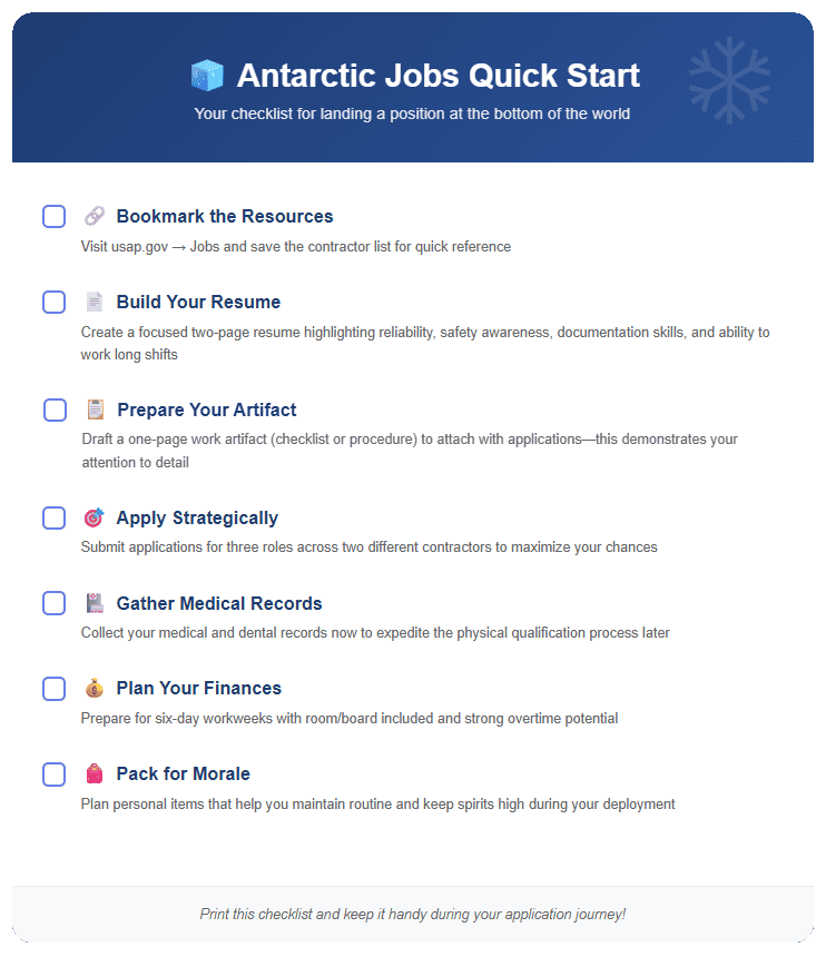 Infographic titled ‘Antarctic Jobs Quick Start’ showing a seven-step checklist for landing U.S. Antarctic Program jobs, from bookmarking resources and building a resume to gathering medical records and packing for morale.