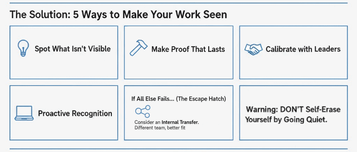 Infographic titled ‘The Solution: 5 Ways to Make Your Work Seen,’ shown as six tiles. Top row: ‘Spot What Isn’t Visible’ (lightbulb), ‘Make Proof That Lasts’ (hammer), ‘Calibrate with Leaders’ (handshake). Bottom row: ‘Proactive Recognition’ (laptop), ‘If All Else Fails… (The Escape Hatch): Consider an internal transfer — different team, better fit’ (network icon), and ‘Warning: DON’T self-erase by going quiet.’