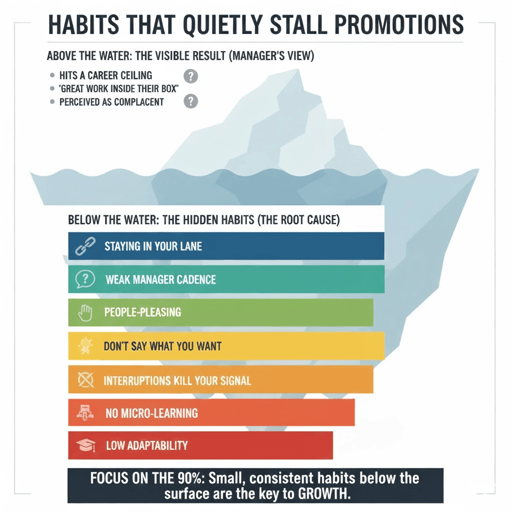 Iceberg infographic titled ‘Habits That Quietly Stall Promotions.’ Above the water (manager’s view): hits a career ceiling, great work inside their box, perceived as complacent. Below the water (root causes): Staying in your lane; Weak manager cadence; People-pleasing; Don’t say what you want; Interruptions kill your signal; No micro-learning; Low adaptability. Footer: ‘Focus on the 90%: small, consistent habits below the surface are the key to growth.’
