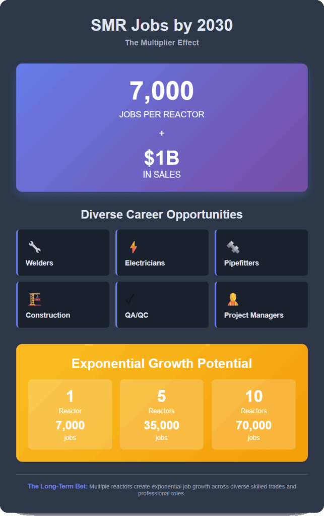 Infographic titled 'SMR Jobs by 2030: The Multiplier Effect' on a dark background. The main statistic shows 7,000 jobs per reactor plus $1 billion in sales, displayed prominently in a purple gradient box. Below this, a section titled 'Diverse Career Opportunities' displays six job types with icons: Welders (wrench icon), Electricians (lightning bolt icon), Pipefitters (bolt icon), Construction (construction sign icon), QA/QC (checkmark icon), and Project Managers (hard hat icon). The bottom section, in a gold gradient, shows 'Exponential Growth Potential' with three columns: 1 reactor equals 7,000 jobs; 5 reactors equals 35,000 jobs; and 10 reactors equals 70,000 jobs. The footer states: 'The Long-Term Bet: Multiple reactors create exponential job growth across diverse skilled trades and professional roles.'