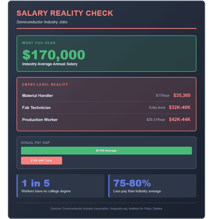 Infographic titled “Salary Reality Check” comparing the $170,000 average semiconductor industry salary to entry-level roles such as material handler, fab technician, and production worker earning $32,000–$44,000 per year, highlighting a 75–80 percent pay gap.