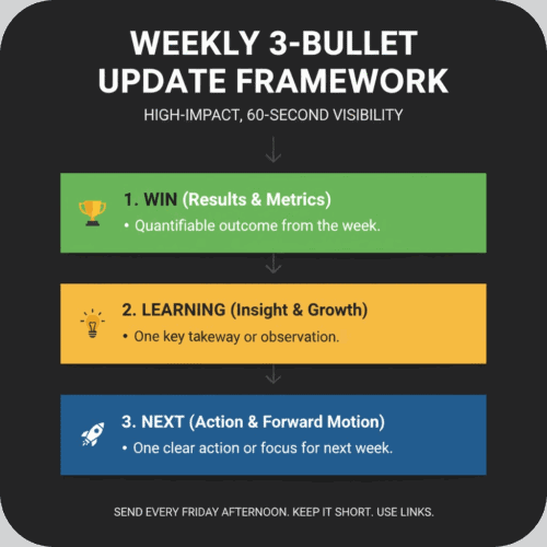 Infographic titled ‘Weekly 3-Bullet Update Framework — High-impact, 60-second visibility.’ Three color blocks: 1) WIN (Results & Metrics): quantifiable outcome from the week; 2) LEARNING (Insight & Growth): one key takeaway or observation; 3) NEXT (Action & Forward Motion): one clear action or focus for next week. Footer: ‘Send every Friday afternoon. Keep it short. Use links.’ Icons of a trophy, lightbulb, and rocket.