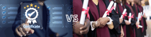 Split-screen image comparing digital certificates and college degrees. The left side shows a person selecting a glowing certificate icon with checklists, while the right side shows graduates holding rolled diplomas. A textured transition and bold ‘VS’ in the center highlight the contrast between skill-based certification and traditional education.