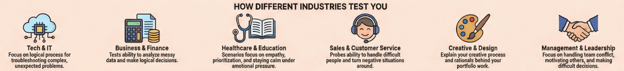 Infographic showing how different industries test candidates in interviews, including tech, finance, healthcare, customer service, creative roles, and management, with short descriptions of each focus area.