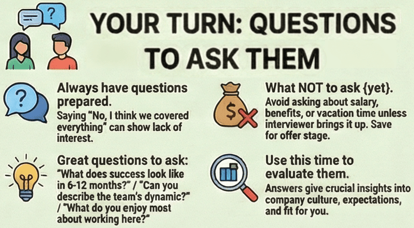 Infographic about questions candidates can ask employers during interviews, including examples of good questions, what not to ask yet, and how to use this moment to evaluate the workplace fit.