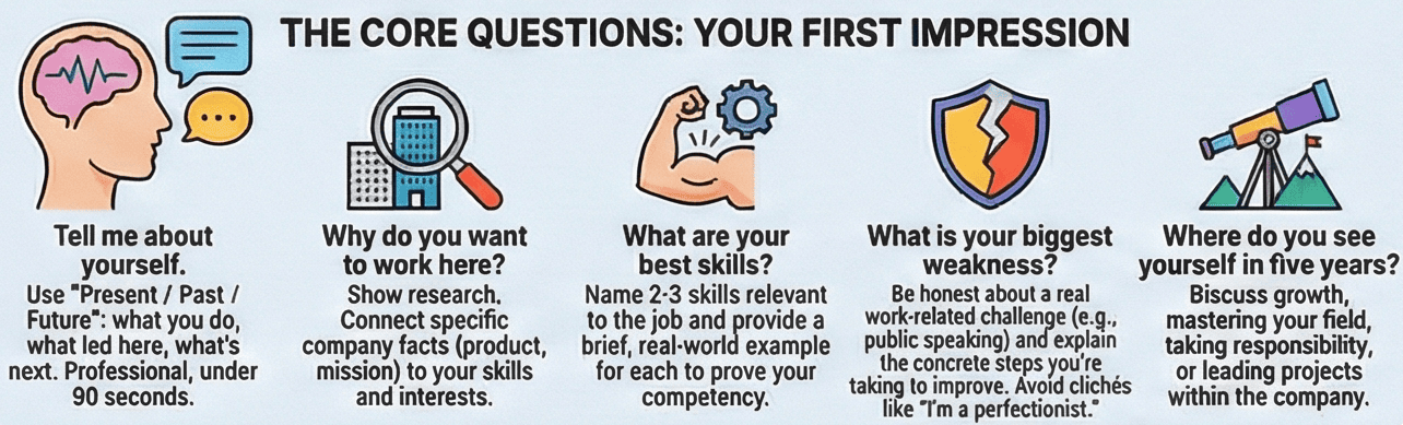 “Infographic outlining the five common interview questions: tell me about yourself, why do you want to work here, what are your best skills, what is your biggest weakness, and where do you see yourself in five years, with short tips for each.”