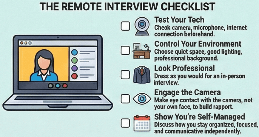 Infographic listing a remote interview checklist: test your tech, control your environment, look professional, engage with the camera, and show strong self-management skills.