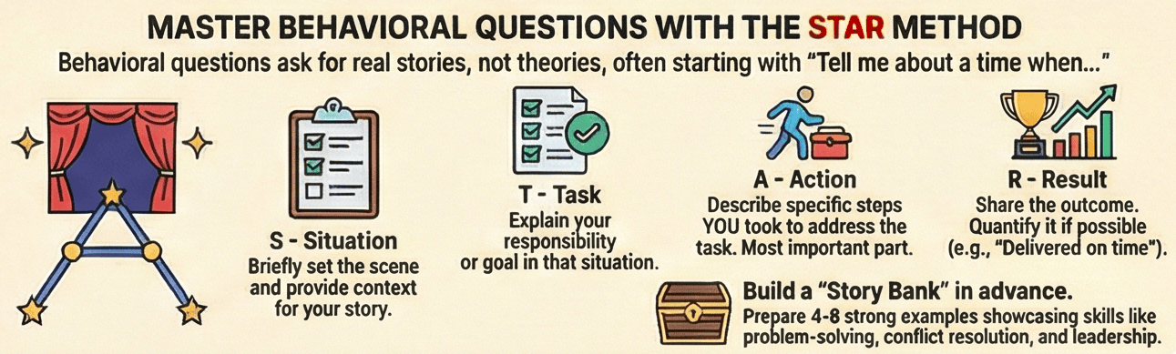 Infographic explaining the STAR method for behavioral interview questions: Situation, Task, Action, and Result, with brief descriptions and a reminder to prepare a story bank of examples.