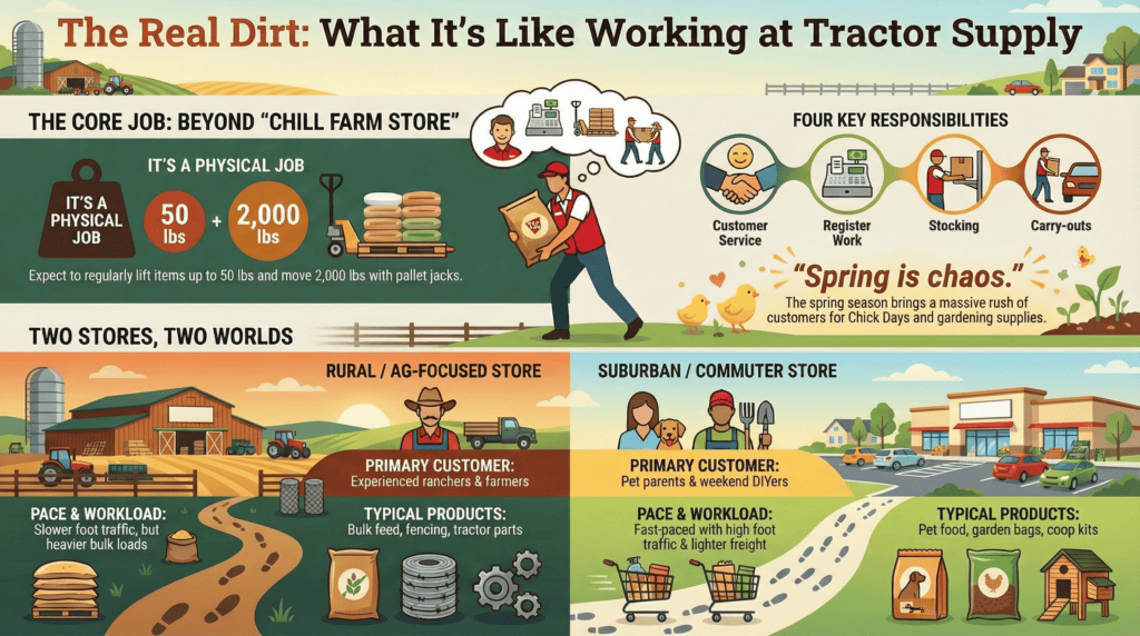 A colorful infographic titled ‘The Real Dirt: What It’s Like Working at Tractor Supply,’ showing the physical nature of the job, key responsibilities like customer service, register work, stocking, and carry-outs. It contrasts rural/ag-focused stores, slower traffic but heavier bulk loads, with suburban commuter stores that have faster foot traffic and lighter freight. Includes illustrations of workers lifting feed bags, using pallet jacks, helping customers, and visuals of typical products such as bulk feed, fencing, pet food, garden bags, and coop kits.