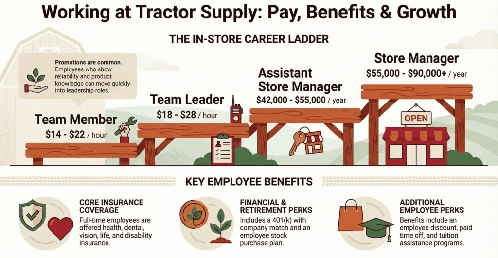 Infographic titled ‘Working at Tractor Supply: Pay, Benefits & Growth.’ It visually shows the in-store career ladder from Team Member ($14–$22/hour), to Team Leader ($18–$28/hour), to Assistant Store Manager ($42,000–$55,000/year), and Store Manager ($55,000–$90,000+). Icons represent promotions, tools, keys, and a storefront. The lower section highlights employee benefits, including core insurance coverage (health, dental, vision, life, disability), financial and retirement perks (401k with company match and stock purchase plan), and additional perks such as employee discounts, paid time off, and tuition assistance.