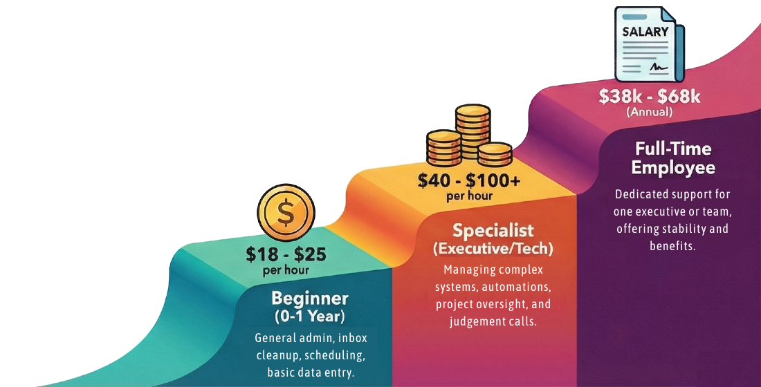 An infographic showing virtual assistant pay progression, from beginner roles earning $18–$25 per hour to specialist and executive virtual assistants earning $40–$100+ per hour, and full-time virtual assistant salaries ranging from $38,000 to $68,000 annually.