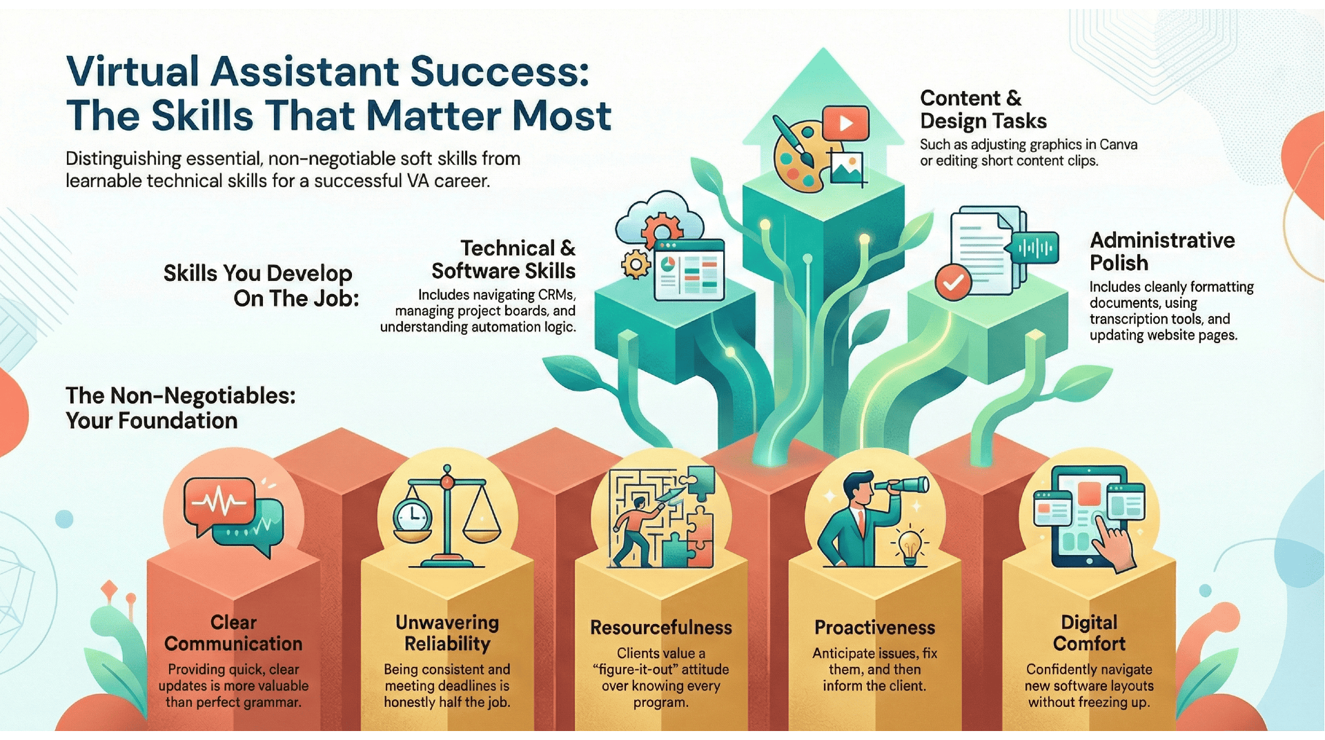 Infographic showing the skills that matter most for virtual assistant jobs, including clear communication, reliability, resourcefulness, proactiveness, digital comfort, and learnable technical and administrative skills.