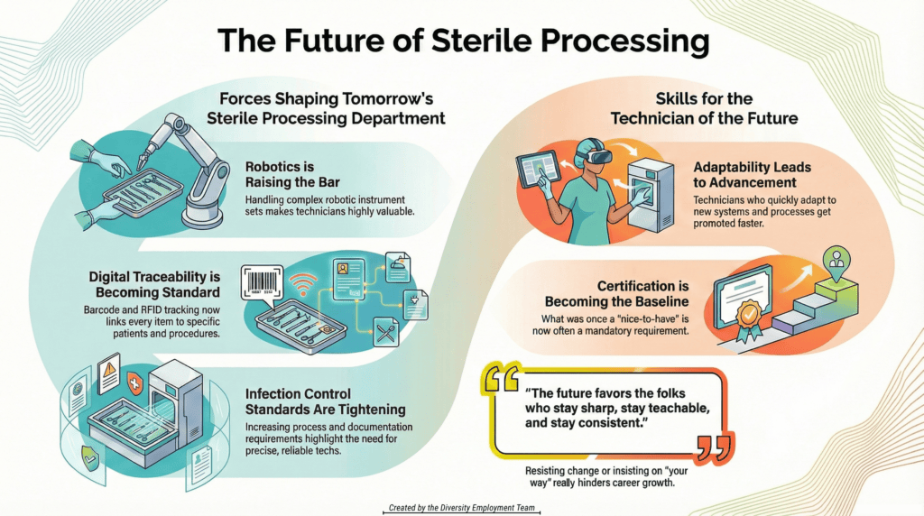 Infographic titled “The Future of Sterile Processing.” It’s divided into two main columns with inclusive illustrations of technicians in scrubs and modern equipment. The left column, “Forces Shaping Tomorrow’s Sterile Processing Department,” lists three trends: (1) “Robotics is Raising the Bar,” showing a robotic surgical arm and complex instrument sets that require new handling skills; (2) “Digital Traceability is Becoming Standard,” showing barcode/RFID-style tracking that links instruments to specific patients and procedures through software systems; and (3) “Infection Control Standards Are Tightening,” showing increased process and documentation requirements that emphasize precision and reliability. The right column, “Skills for the Technician of the Future,” highlights: “Adaptability Leads to Advancement,” showing a technician using a touchscreen and equipment controls; and “Certification is Becoming the Baseline,” showing a certificate and a career staircase graphic indicating advancement. A quoted callout summarizes the message that the future rewards technicians who keep learning and stay consistent, and notes that resisting change or insisting on “your way” can limit career growth.