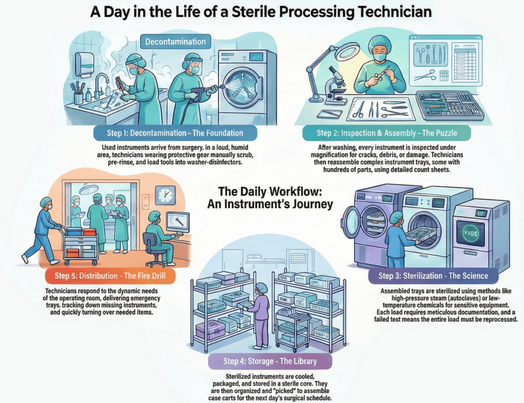 Infographic titled “A Day in the Life of a Sterile Processing Technician.” It shows a five-step workflow labeled “The Daily Workflow: An Instrument’s Journey,” using inclusive illustrations of technicians in scrubs and protective gear working in different areas. Step 1, “Decontamination – The Foundation,” shows used instruments arriving from surgery and being manually scrubbed, pre-rinsed, and loaded into washer-disinfectors in a loud, humid decontamination area. Step 2, “Inspection & Assembly – The Puzzle,” shows a technician using magnification and bright lighting to inspect instruments for debris, cracks, or damage, then reassembling complex sets using count sheets and tray diagrams. Step 3, “Sterilization – The Science,” shows sterilizers such as autoclaves and other systems used for sensitive equipment, with notes about required documentation and reprocessing if a test fails. Step 4, “Storage – The Library,” shows shelves of packaged trays and peel packs in a sterile storage area where items are cooled, labeled, organized, and “picked” to build case carts for upcoming surgical schedules. Step 5, “Distribution – The Fire Drill,” shows technicians responding to operating room needs by delivering urgent trays, tracking down missing instruments, and quickly turning over items needed for procedures.