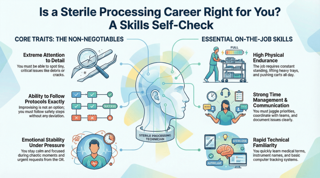Infographic titled “Is a Sterile Processing Career Right for You? A Skills Self-Check.” A central silhouette labeled “Sterile Processing Technician” is surrounded by two columns. Left column, “Core Traits: The Non-Negotiables,” lists: extreme attention to detail (spotting tiny debris or cracks), ability to follow protocols exactly (no improvising), and emotional stability under pressure (staying calm during urgent operating room requests). Right column, “Essential On-the-Job Skills,” lists: high physical endurance (standing, lifting trays, pushing carts), strong time management and communication (juggling priorities and documenting clearly), and rapid technical familiarity (learning medical terms, instrument names, and tracking systems). Uses inclusive illustrated figures in scrubs and icons such as checklists, magnifiers, a cart, and software screens.