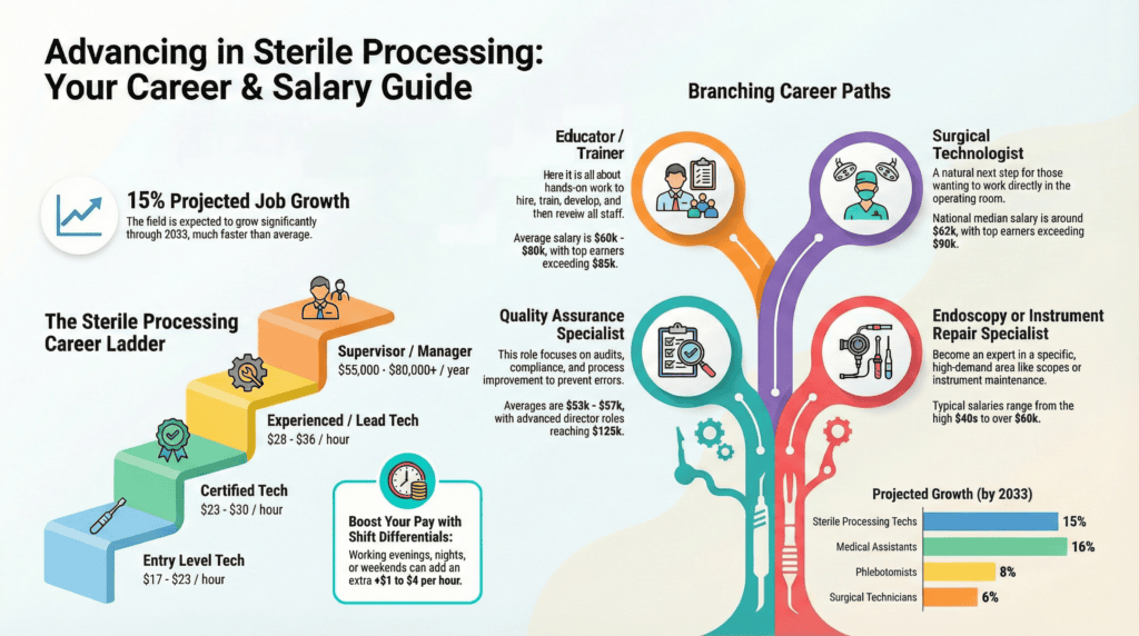 Infographic titled “Advancing in Sterile Processing: Your Career & Salary Guide.” Left side shows a step-style “Sterile Processing Career Ladder” with typical pay ranges: entry-level technician ($17–$23/hour), certified technician ($23–$30/hour), experienced/lead technician ($28–$36/hour), and supervisor/manager ($55,000–$80,000+ per year). A box explains shift differentials can add about $1–$4 per hour for evenings, nights, or weekends. Right side shows branching career paths with icons: educator/trainer, quality assurance specialist, surgical technologist, and endoscopy or instrument repair specialist. Bottom right includes a projected growth bar chart comparing sterile processing technicians with other healthcare roles. Uses inclusive illustrated figures and bright color-coded pathways.