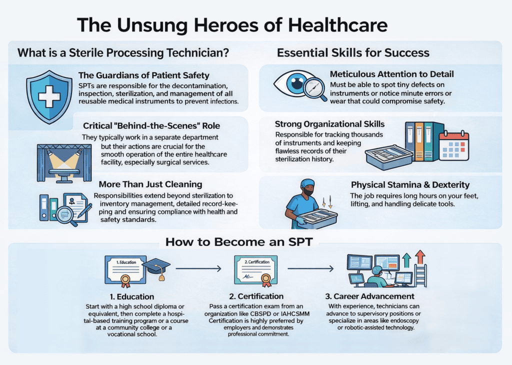 Infographic titled “The Unsung Heroes of Healthcare.” It explains what a sterile processing technician is and highlights essential skills and the path to entry. Left panel defines the role as decontamination, inspection, sterilization, and management of reusable surgical instruments to prevent infection, emphasizing the behind-the-scenes impact on surgical services. Right panel lists skills for success: meticulous attention to detail, strong organizational and record-keeping skills, and physical stamina and dexterity. Bottom section “How to Become an SPT” shows a three-step timeline: education (high school diploma or equivalent), certification through a recognized organization, and career advancement into supervisory or specialized roles (such as endoscopy or robotic-assisted technology). Includes icons of instruments, a calendar, a shield, and a worker in scrubs.