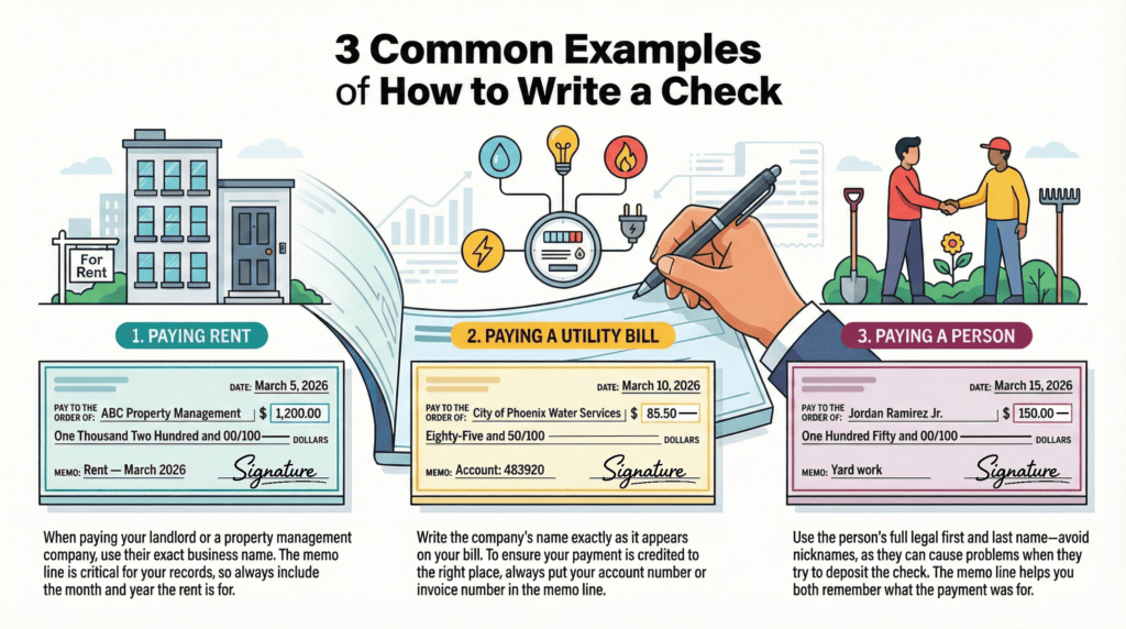 An infographic titled “3 Common Examples of How to Write a Check,” showing three sample checks side-by-side with illustrated scenes above them: an apartment building with a “For Rent” sign, a utility meter with water/electric/gas icons and a hand writing a check, and two people shaking hands in a yard with gardening tools. The three examples are labeled: (1) Paying Rent—payee “ABC Property Management,” date March 5, 2026, amount $1,200.00, memo “Rent — March 2026”; (2) Paying a Utility Bill—payee “City of Phoenix Water Services,” date March 10, 2026, amount $85.50, memo “Account: 483920”; (3) Paying a Person—payee “Jordan Ramirez Jr.,” date March 15, 2026, amount $150.00, memo “Yard work.” Short notes under each example explain using the exact business name, adding an account/invoice number for bills, and avoiding nicknames when paying a person.