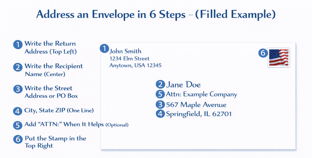 A graphic titled “Address an Envelope in 6 Steps (Filled Example)” showing a completed envelope with numbered callouts matching the steps listed on the left. The return address in the top-left reads John Smith, 1234 Elm Street, Anytown, USA 12345 (Step 1). The centered recipient block shows Jane Doe (Step 2), Attn: Example Company (Step 5), 567 Maple Avenue (Step 3), and Springfield, IL 62701 (Step 4). A U.S. flag postage stamp appears in the top-right corner with the number 6 indicating stamp placement.