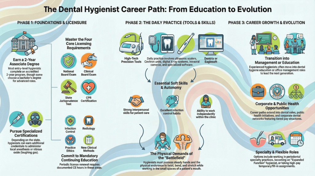An infographic titled "The Dental Hygienist Career Path: From Education to Evolution." It maps out three phases: Phase 1 (Foundations): Earning an Associate degree and passing four core licensing requirements (National/Clinical Boards, Jurisprudence, CPR). Phase 2 (The Daily Practice): Using high-tech tools (ultrasonic scalers, digital X-rays) while managing physical demands. Phase 3 (Evolution): Opportunities in management, dental hygiene education, corporate sales, or public health.