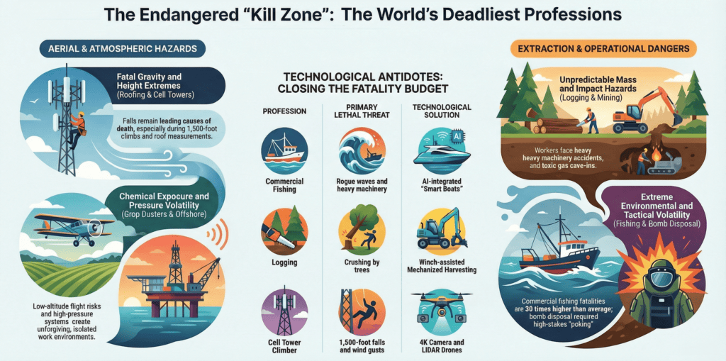 The Endangered “Kill Zone”: The World’s Deadliest Professions
This infographic uses a modern, clean vector style to categorize current high-risk jobs and the technological solutions being implemented in 2026. It is divided into three main sections:
Aerial & Atmospheric Hazards (Left):
Roofing & Cell Towers: Highlights "Fatal Gravity" as a primary threat due to 1,500-foot climbs.
Crop Dusters & Offshore: Focuses on chemical exposure and high-pressure system volatility.
Technological Antidotes (Center Chart): A comparison table listing three professions alongside their lethal threats and 2026 solutions:
Commercial Fishing: Rogue waves/heavy machinery vs. AI-integrated "Smart Boats".
Logging: Crushing by trees vs. Winch-assisted Mechanized Harvesting.
Cell Tower Climber: 1,500-foot falls/wind vs. 4K Camera and LiDAR Drones.
Extraction & Operational Dangers (Right):
Logging & Mining: Depicts excavators and underground miners facing heavy machinery accidents and toxic gas cave-ins.
Fishing & Bomb Disposal: Illustrates a bomb squad member in a heavy suit and a fishing vessel, noting that fishing fatalities are 30 times higher than average and bomb disposal requires high-stakes manual "poking".