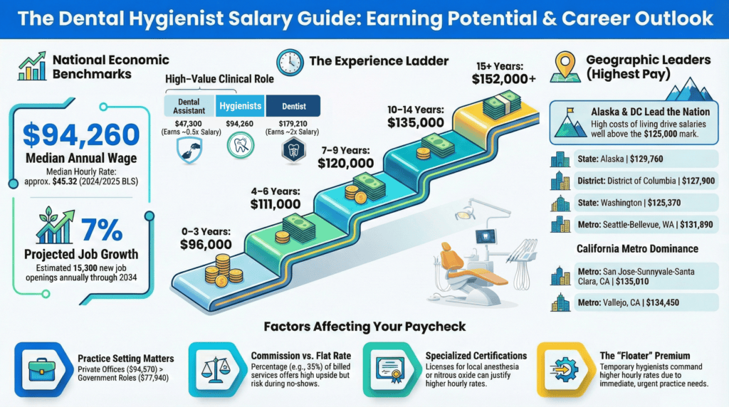 A comprehensive professional infographic detailing the financial trajectory of dental hygienists. Core Benchmarks: Highlights a median annual wage of $94,260 and a median hourly rate of $45.32, citing a projected job growth of 7% (15,300 annual openings through 2034). The Experience Ladder: A 3D staircase graphic illustrates salary growth by tenure: 0-3 Years: $96,000 * 4-6 Years: $111,000 * 7-9 Years: $120,000 * 10-14 Years: $135,000 * 15+ Years: $152,000. Clinical Hierarchy: A comparative bar chart shows median salaries for related roles: Dental Assistant: $47,300 (~0.5x) Dental Hygienist: $94,260 (1x baseline) Dentist: $179,210 (~2x). Icons for each role include a protective shield, a tooth with a scaler, and a medical caduceus. Geographic Leaders: Lists top-paying locations, noting Alaska ($129,760), District of Columbia ($127,900), and Washington ($125,370) as leaders. It also highlights California Metro Dominance with San Jose at $135,010. Financial Factors: Footer icons explain variables affecting pay, including practice setting (Private vs. Government), commission structures, specialized certifications (Anesthesia/Nitrous), and the "Floater" premium for temporary roles. Visual Aesthetic: Modern blue and teal color palette with professional 3D isometric icons and a clean, sans-serif typography.