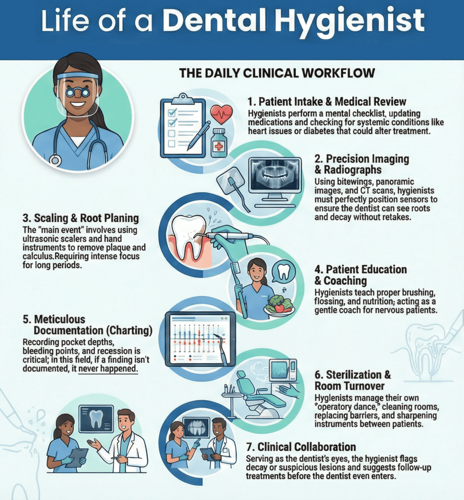 An infographic titled "Life of a Dental Hygienist: The Daily Clinical Workflow." It details 7 steps: 1. Patient Intake & Medical Review, 2. Precision Imaging, 3. Scaling & Root Planing (the "main event"), 4. Patient Education, 5. Meticulous Documentation/Charting, 6. Sterilization & Room Turnover, and 7. Clinical Collaboration with the dentist.