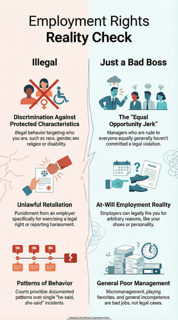 Infographic titled “Employment Rights Reality Check.” It contrasts illegal workplace behavior with non-illegal but poor management. The illegal column includes discrimination based on protected characteristics such as race, gender, religion, sex, or disability; unlawful retaliation for exercising legal rights; and documented patterns of discriminatory behavior. The “Just a Bad Boss” column includes managers who are rude to everyone equally, at-will employment terminations for arbitrary reasons, and general poor management such as micromanaging or favoritism. The infographic clarifies that not all unfair behavior is illegal, but discrimination and retaliation are.