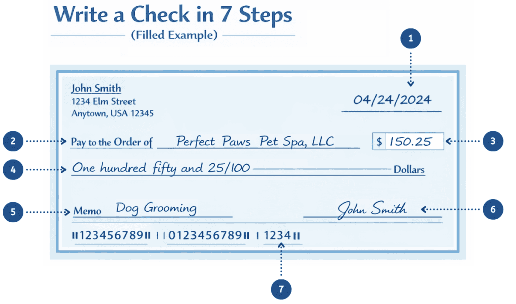 A filled example check labeled “Write a Check in 7 Steps,” with numbered callouts pointing to each field. The check shows the payer “John Smith” with address “1234 Elm Street, Anytown, USA 12345.” The date field is filled as 04/24/2024 (Step 1). The payee line reads “Perfect Paws Pet Spa, LLC” (Step 2). The amount box shows $150.25 (Step 3). The written amount line reads “One hundred fifty and 25/100” (Step 4). The memo line says “Dog Grooming” (Step 5). The signature line is signed “John Smith” (Step 6). The bottom shows routing/account/check number area with sample numbers and a callout for Step 7.