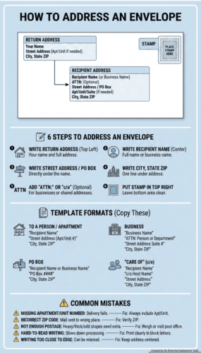 A vertical infographic titled “How to Address an Envelope” showing the envelope layout and a checklist-style guide. The top section labels where each part goes: return address in the top-left (your name, street address with apartment/unit if needed, city/state/ZIP), recipient address centered (recipient name or business name, optional ATTN line, street address or PO Box, apartment/unit/suite if needed, city/state/ZIP), and a stamp in the top-right with a “place stamp here” icon. The middle section lists 6 steps: (1) write return address (top left), (2) write recipient name (center), (3) write street address/PO Box under the name, (4) write city/state/ZIP on one line, (5) add “ATTN:” or “c/o” when helpful (optional), and (6) put the stamp in the top right and leave the bottom area clean. The next section provides template formats for person/apartment, business, PO Box, and care of (c/o). The bottom section lists common mistakes: missing apartment/unit number, incorrect ZIP code, not enough postage, hard-to-read writing, and writing too close to the edge.
