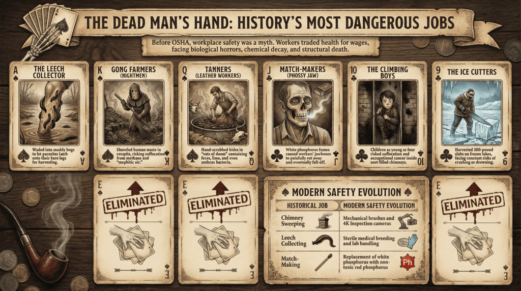 Gemini said This infographic, titled "The Dead Man’s Hand: History’s Most Dangerous Jobs," is styled as a gritty, vintage tabletop scene with a dark wood background. It features a series of aged playing cards, each detailing a lethal historical profession, juxtaposed against a modern evolution card. Visual Layout Header: A weathered parchment banner at the top displays the title in bold, serif lettering. Below it, a smaller text box explains that before OSHA, workers traded their health for wages while facing biological and chemical horrors. Top Row (The "Deadly" Deck): Six playing cards represent historical hazards: The Leech Collector (Ace of Spades): Shows a bare leg in a swamp covered in leeches. Gong Farmers (King of Spades): Depicts a hooded figure with a shovel in a dark pit. Tanners (Queen of Spades): Features a worker leaning over a "vat of doom". Match-Makers (Jack of Clubs): Shows a skeletal figure with smoke rising from a rotting jaw. The Climbing Boys (10 of Clubs): Depicts a young child soot-covered and trapped inside a narrow chimney flue. The Ice Cutters (9 of Clubs): Shows a man with a large hand saw on a frozen lake with massive ice blocks. Bottom Row (The Shift): Eliminated! Cards: Three "E" cards (Eliminated) are shown with a red upward-pointing arrow and a "stamped" font, signifying these historical roles are being phased out or "killed off" by progress. Modern Safety Evolution: A large, detailed card centered at the bottom acts as a comparison chart. It lists historical jobs (Chimney Sweeping, Leech Collecting, Match-Making) alongside their 2026 counterparts, such as mechanical brushes, 4K inspection cameras, sterile medical breeding, and non-toxic red phosphorus. Atmospheric Details: The scene is littered with tarnished gold coins, a smoking wooden pipe on the left, and a crystal tumbler of amber whiskey with a single large, square ice cube on the right. In the top left corner, a skeletal hand holds a small fan of Ace of Spades cards.