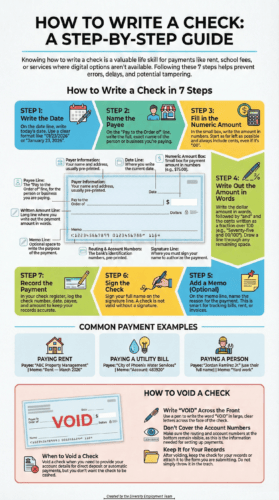 A colorful infographic titled “How to Write a Check: A Step-by-Step Guide,” explaining that checks are useful for payments like rent or school fees and that following the steps helps prevent errors and tampering. It lists 7 steps with icons: (1) write the date, (2) name the payee, (3) fill in the numeric amount, (4) write out the amount in words (including cents as a fraction over 100 and filling blank space), (5) add a memo (optional), (6) sign the check, and (7) record the payment. A labeled check diagram in the center points to the date line, payee line, numeric amount box, written amount line, memo line, signature line, and routing/account numbers. A “Common Payment Examples” row shows rent, utility bill, and paying a person with sample payees and memos. The bottom section “How to Void a Check” shows a check marked “VOID” and notes: write “VOID” across the front, don’t cover account numbers, and keep it for your records.