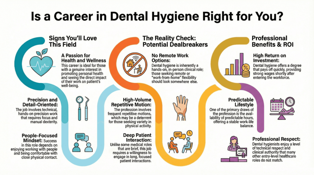 A colorful infographic titled "Is a Career in Dental Hygiene Right for You?" It breaks down three categories: "Signs You’ll Love This Field" (Passion for wellness, Precision/Detail-oriented, People-focused), "The Reality Check" (No remote work, High-volume repetitive motion, Deep patient interaction), and "Professional Benefits & ROI" (High ROI degree, Predictable hours, and Professional respect).