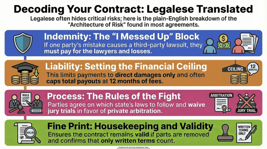 Infographic titled “Decoding Your Contract: Legalese Translated.” It explains four common contract clauses in plain language. Indemnity means if one party causes a third-party lawsuit, they must pay legal costs and damages. Liability caps limit financial payouts, often to 12 months of fees and only for direct damages. Process clauses determine which state’s laws apply and often require private arbitration instead of jury trials. Fine print sections confirm the contract remains valid even if parts are removed and that only written terms count.