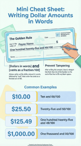 A vertical infographic titled “Mini Cheat Sheet: Writing Dollar Amounts in Words” showing a hand writing on a check and explaining the standard bank-recognized format. The “Golden Rule” states: write dollars in words, then “and,” then cents as a fraction over 100 (example shown: “One hundred twenty-five and 49/100”). A “Prevent Tampering” note advises drawing a straight line from the end of the fraction to the end of the line to fill blank space. A “Common Examples” section lists amounts and matching word formats: $10.00 = “Ten and 00/100,” $25.50 = “Twenty-five and 50/100,” $125.49 = “One hundred twenty-five and 49/100,” and $1,000.00 = “One thousand and 00/100.”